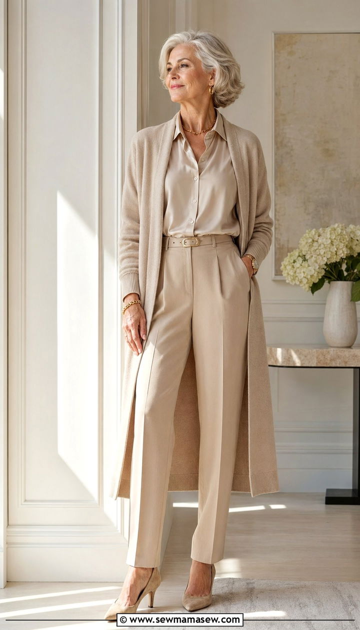 Monochrome beige ensemble with varied textures and gold accents - 35 Old money outfit ideas for women over 60