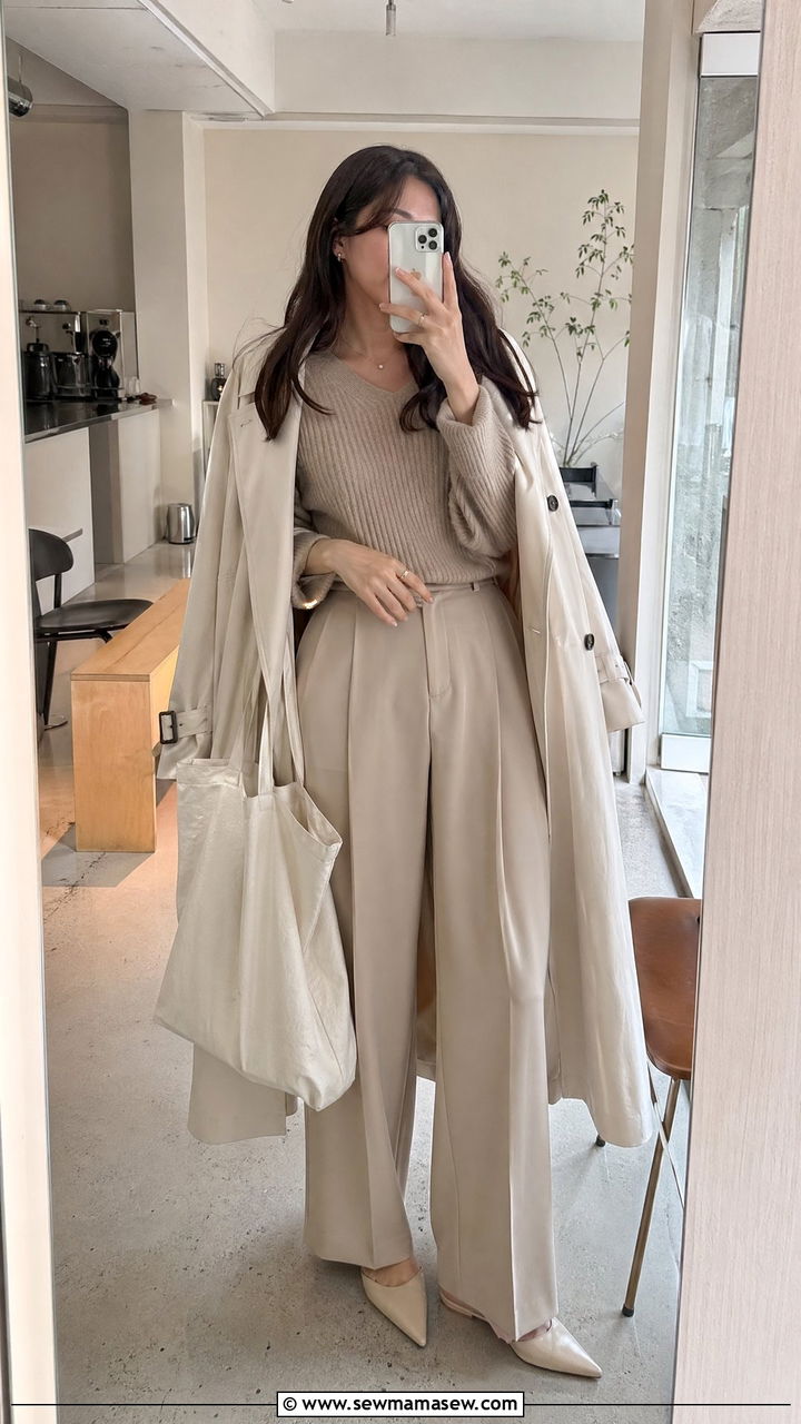Monochrome beige layered look - 35 Seoul vacation outfit ideas