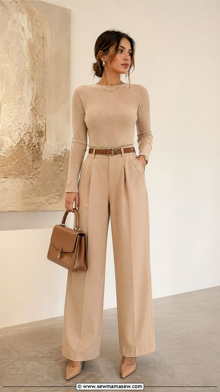 Monochrome beige outfit with knit top and wide leg pants - 35 classy outfit ideas for women