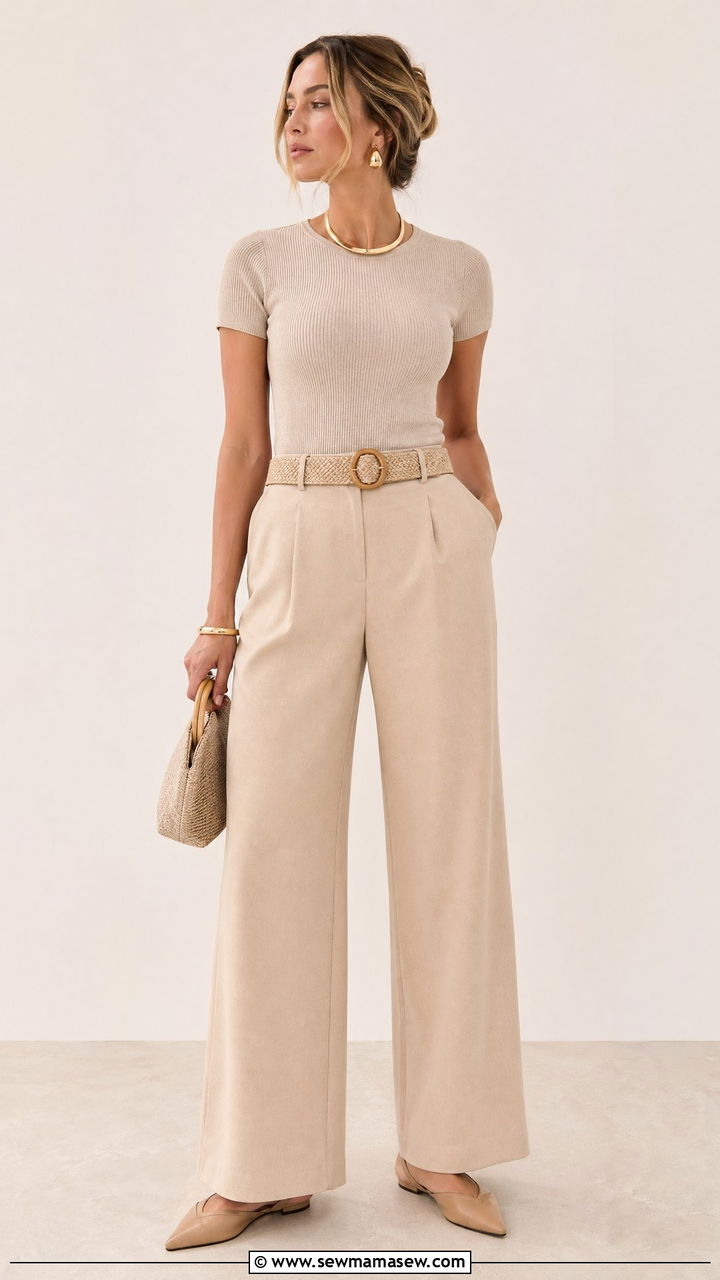 Monochrome beige outfit with wide leg pants - 35 chic outfit ideas for women
