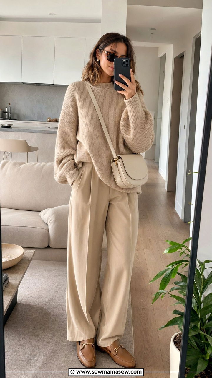 Monochrome beige oversized knit and relaxed trousers outfit - 35 Quiet luxury outfit ideas