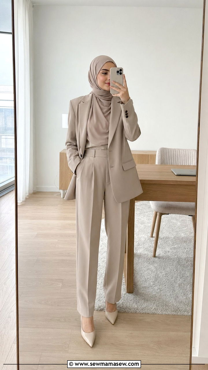 Monochrome beige pantsuit with neutral hijab outfit - 35 Modest work outfit ideas