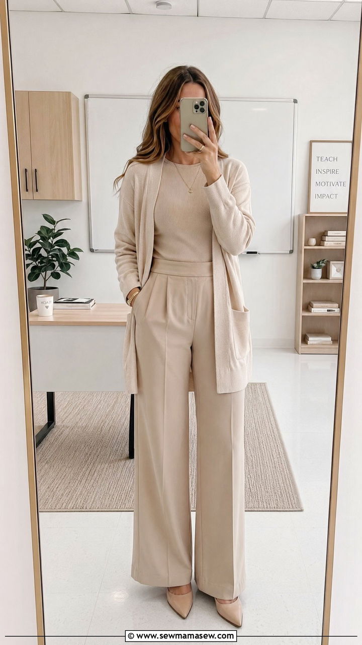 Monochrome beige set with cardigan and pointed flats - 35 Teacher outfit ideas for school