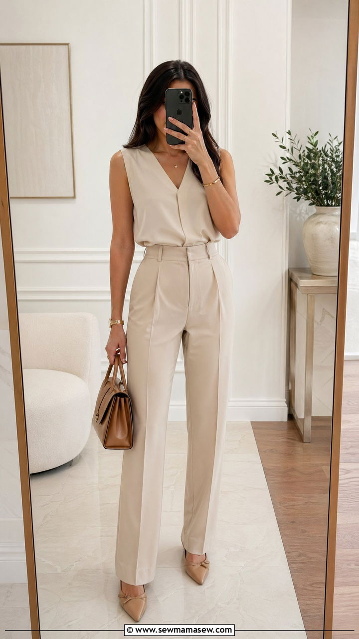 Monochrome beige sleeveless blouse and tailored trousers outfit - 35 Summer office outfit ideas