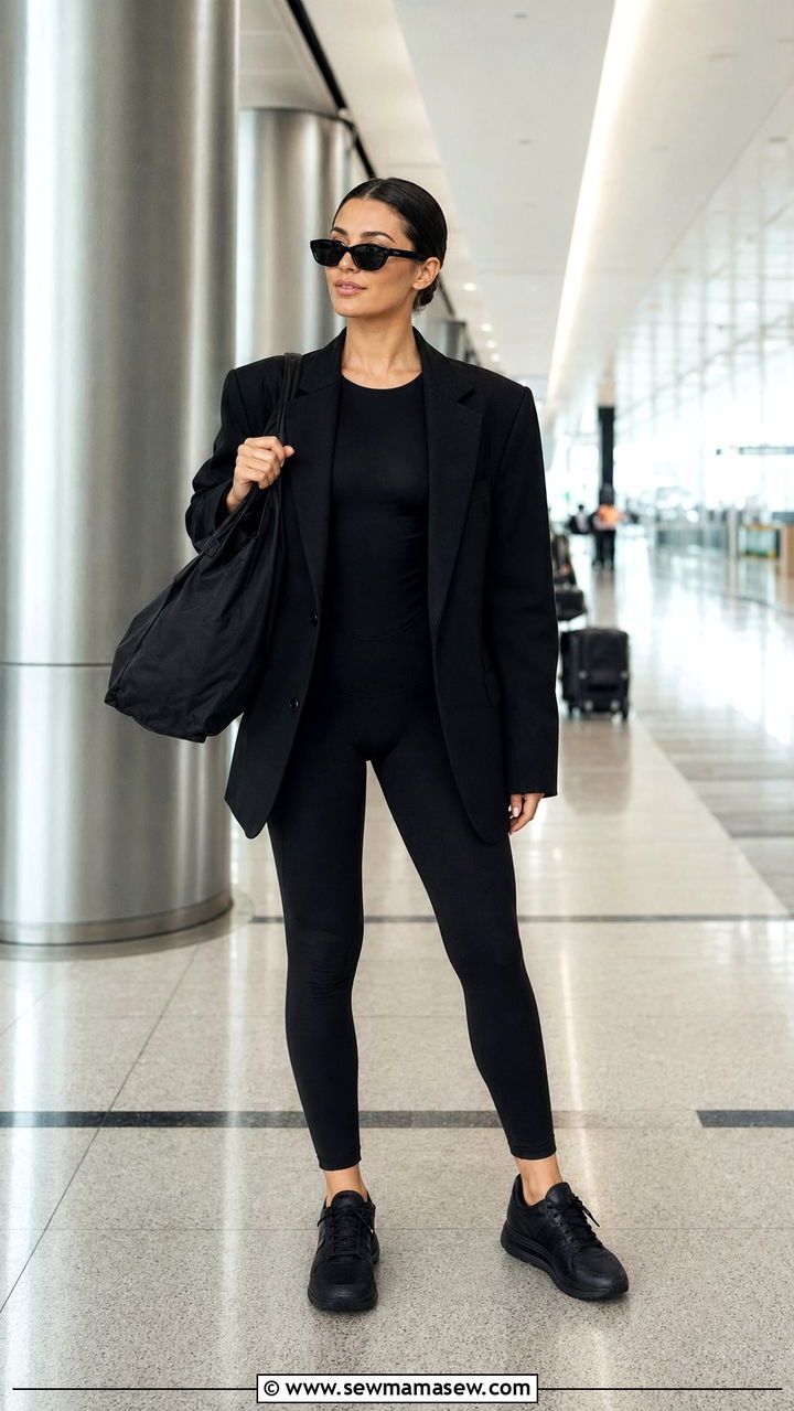 Monochrome black leggings airport outfit - 30 Airport outfit ideas with leggings