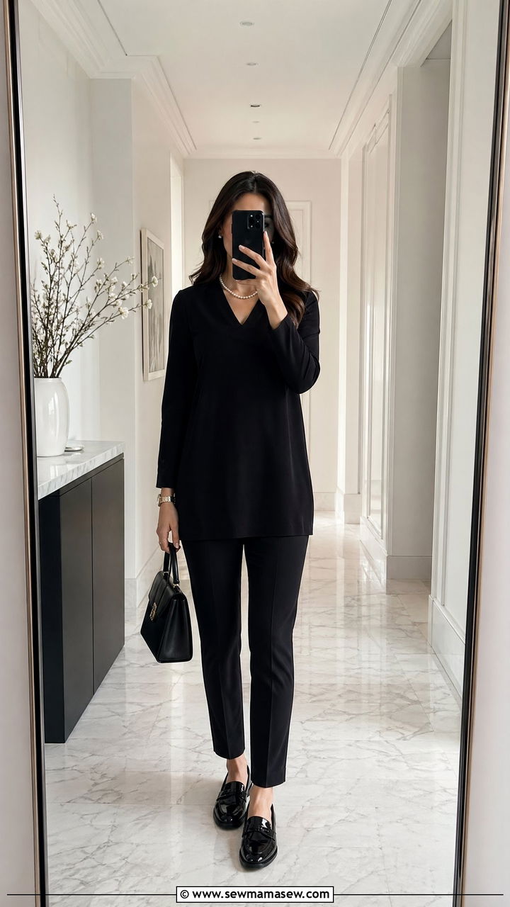 Monochrome black tunic and slim trousers - 35 what to wear to a job interview