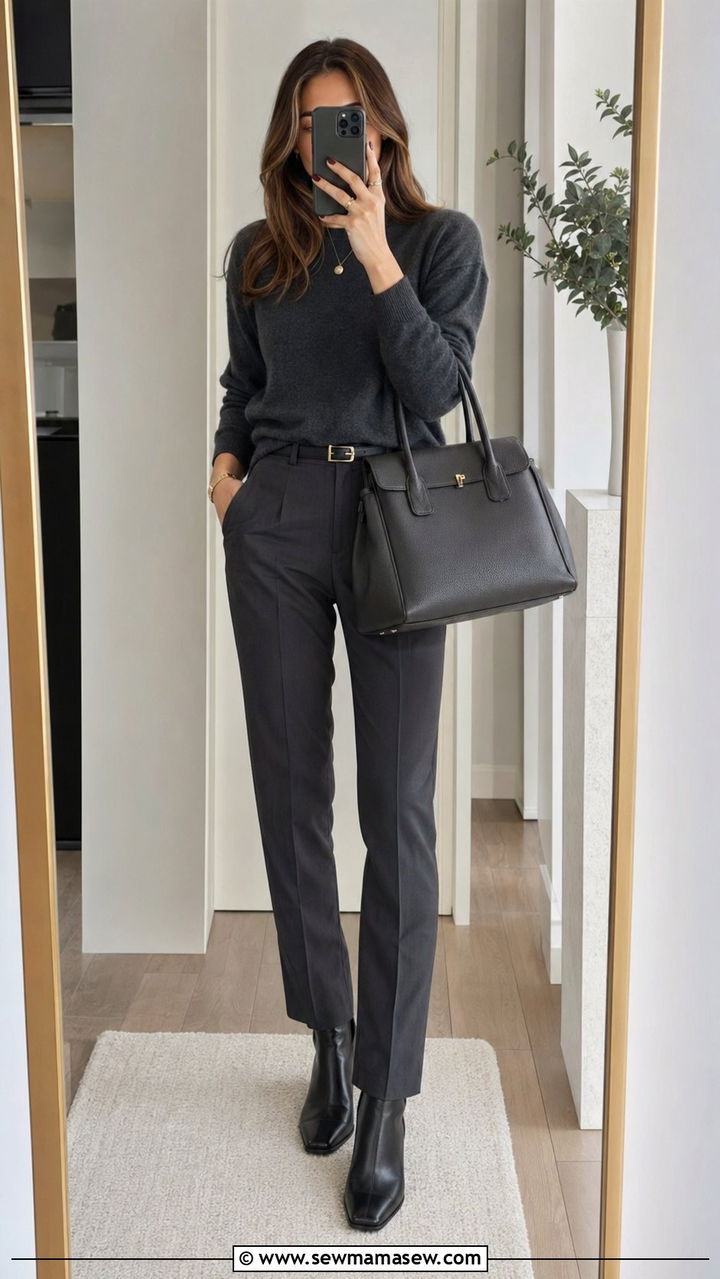 Monochrome charcoal column with cashmere - 35 Quiet luxury outfit ideas for work