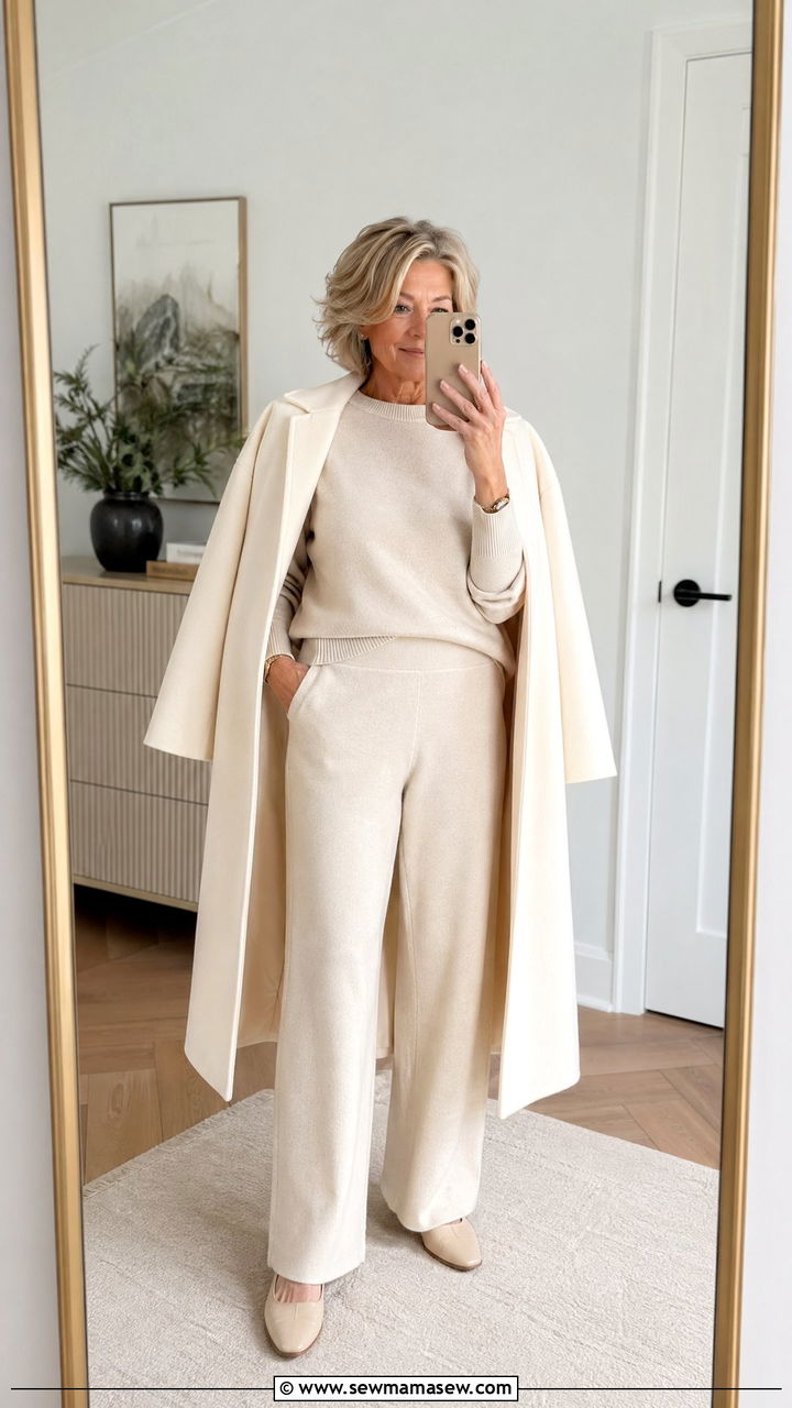 Monochrome cream knit set outfit - 35 Classy outfit ideas for women over 60