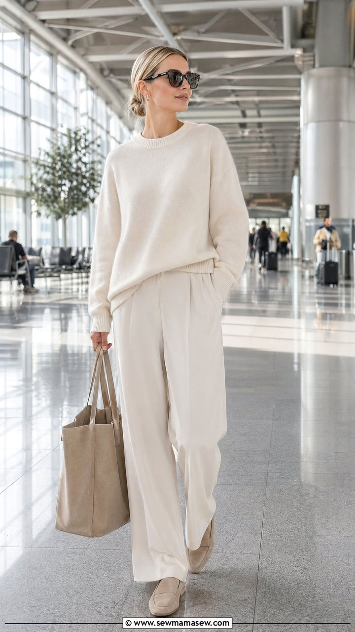Monochrome cream outfit with loafers long flight - 40 Long flight outfit ideas