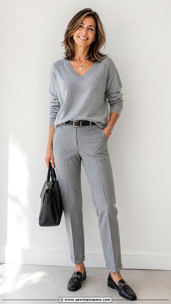 Monochrome gray knit set with loafers outfit - 35 Clean girl outfits for women over 40