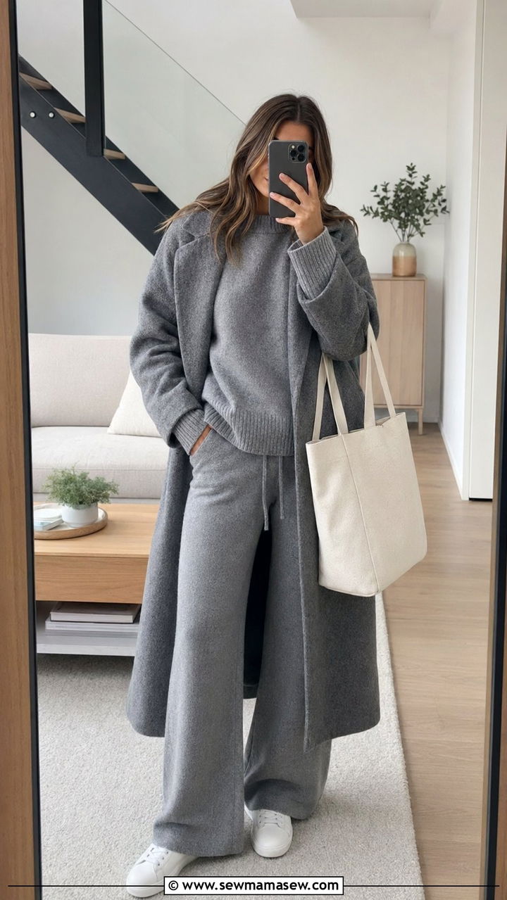 Monochrome gray knit set with white sneakers outfit - 35 Quiet luxury outfit ideas