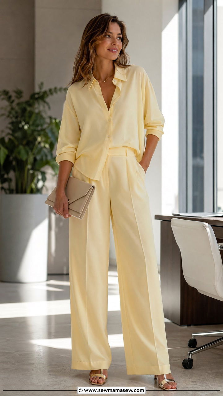 Monochrome matching set in soft yellow with statement sandals - 35 Summer business casual outfits for women