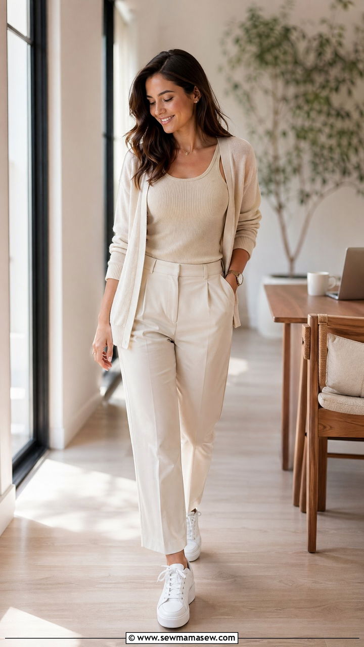Monochrome neutral set with sneakers outfit - 35 spring work from home outfit ideas