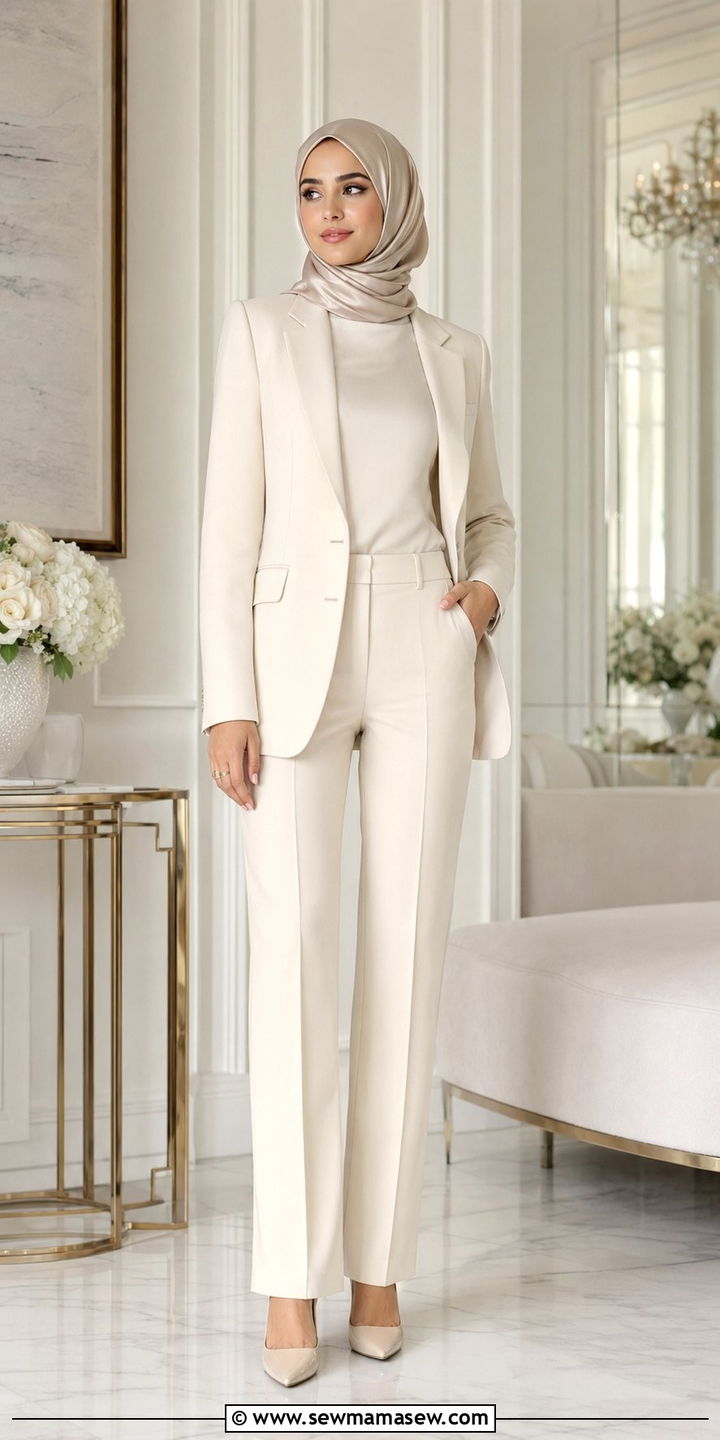 Monochrome pantsuit and satin hijab outfit - 35 Modest outfit ideas with hijab