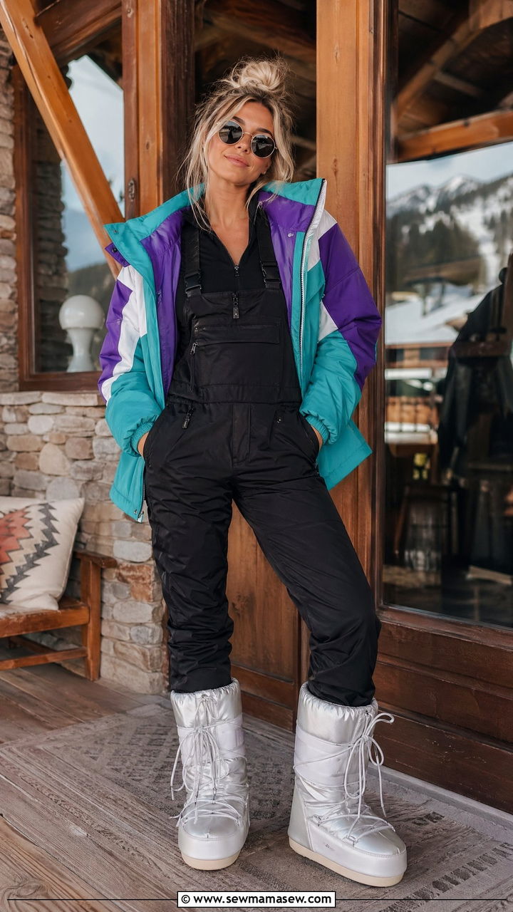 Moon Boots and Retro Color Block Jacket - 35 Ski bunny outfit ideas