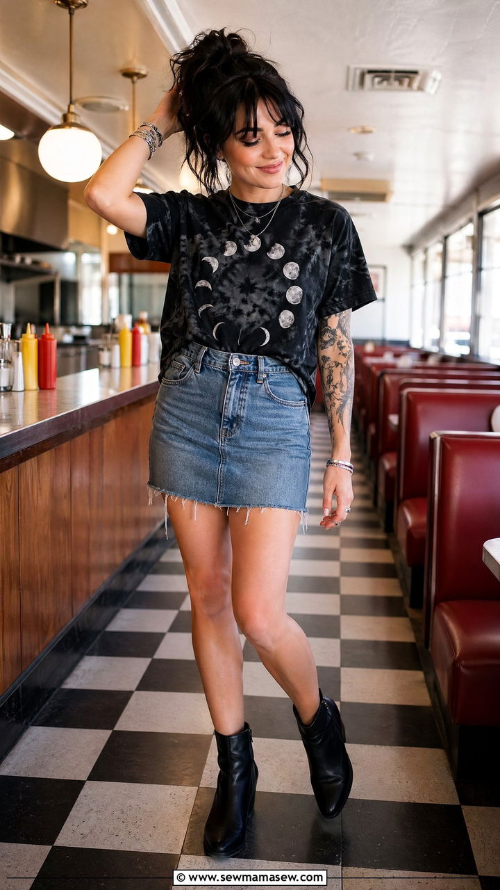 Moon Phase Tie Dye Tee With Denim Skirt - 35 celestial outfits