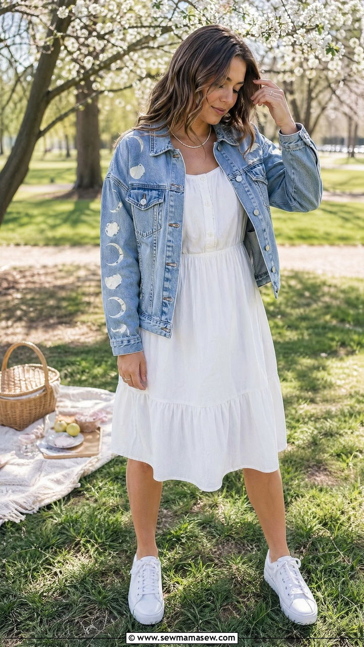 Moon Print Denim Jacket And Sundress Outfit - 35 celestial outfits ideas