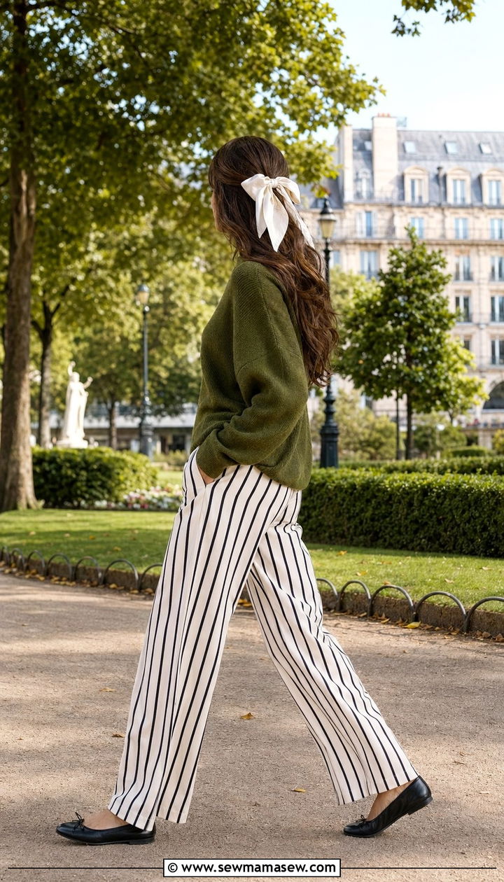 Moss Green Knit With Bold Striped Trousers and an Oversized Bow - 35 Parisian outfits 2026