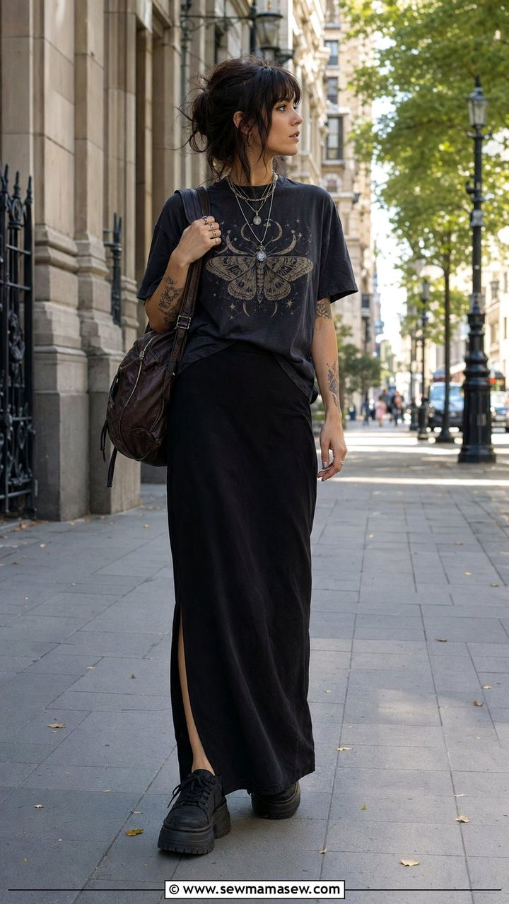 Moth graphic tee with a black maxi skirt and layered chain necklaces - 30 Whimsigoth outfit ideas