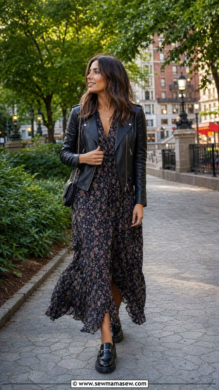 Moto jacket and dark floral maxi - 35 Moody spring outfit ideas