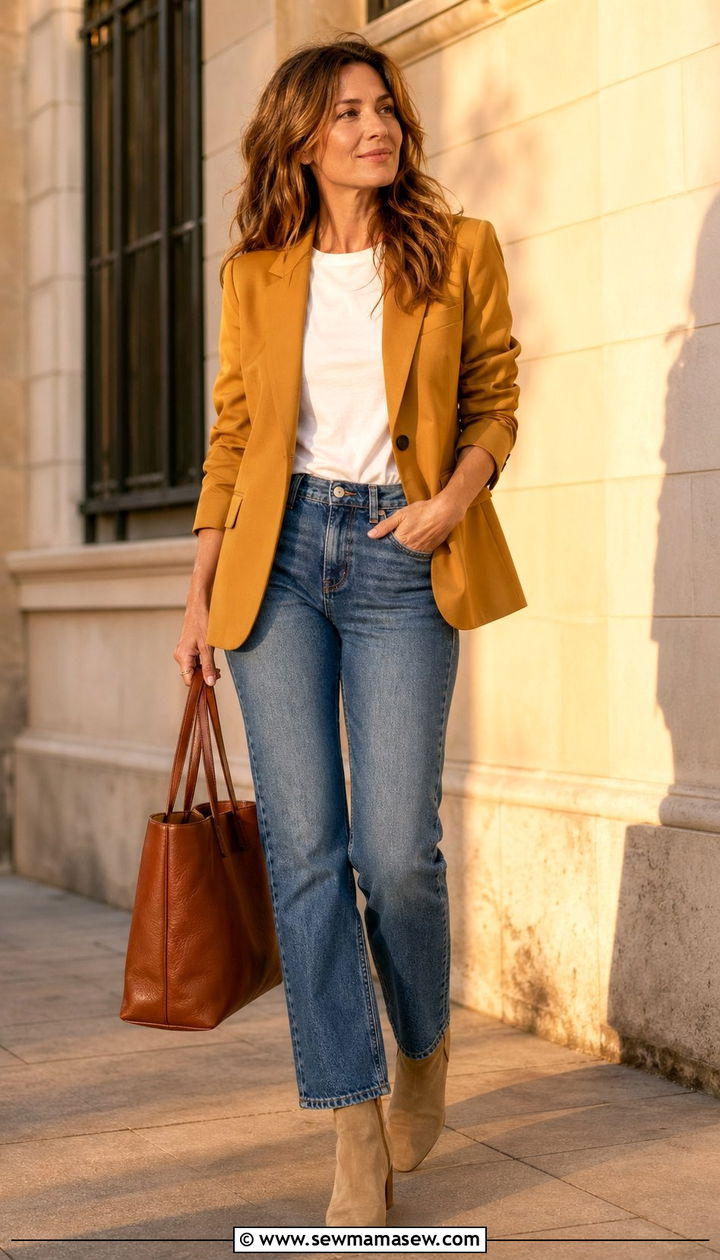 Mustard Blazer And Blue Jeans Outfit - 35 Mustard outfit ideas