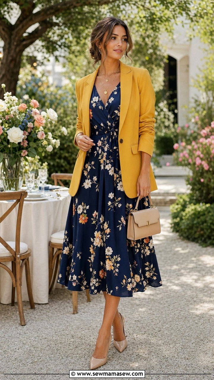 Mustard Blazer And Floral Dress Outfit - 35 Mustard outfit ideas