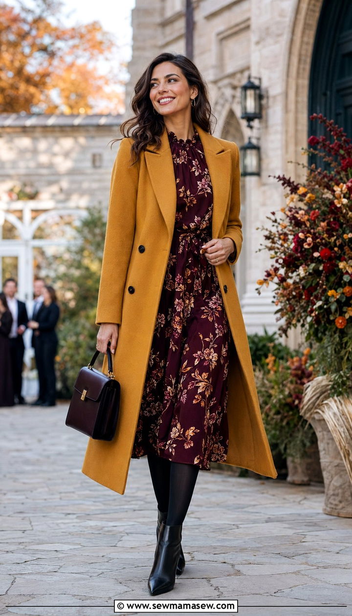 Mustard Coat And Floral Dress Outfit - 35 Mustard outfit ideas
