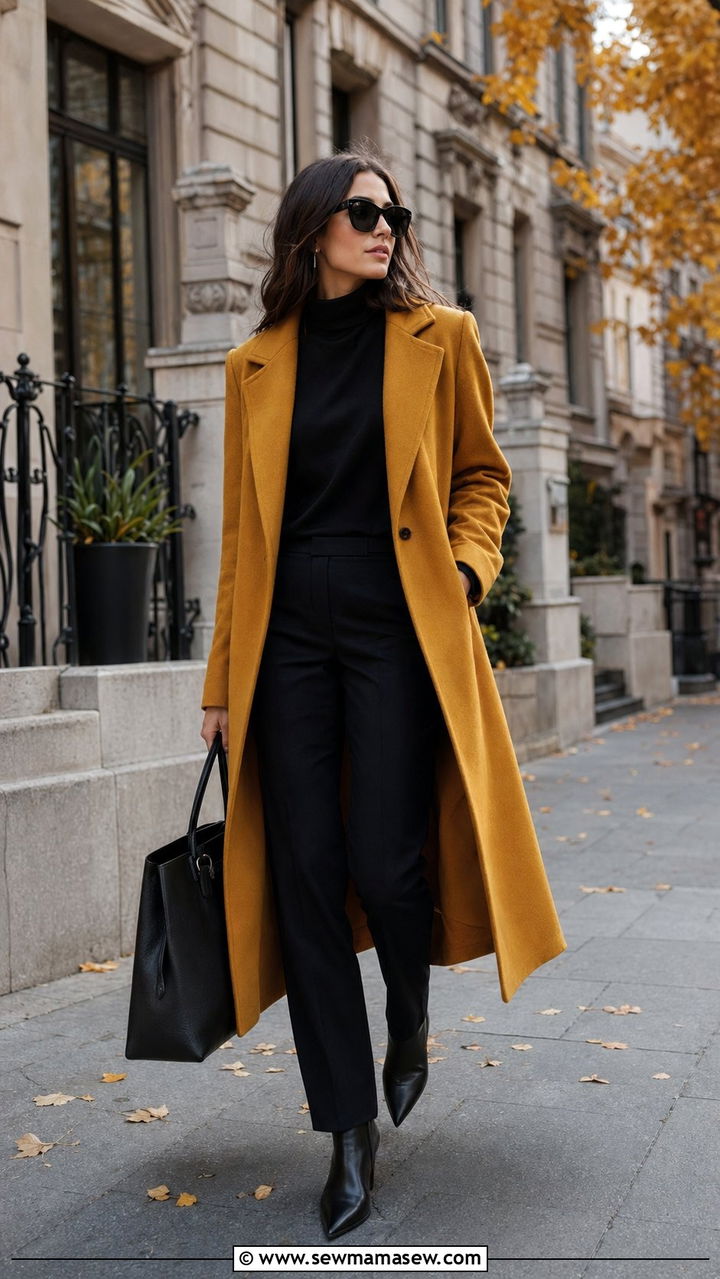 Mustard Coat Over All Black Outfit - 35 Mustard outfit ideas