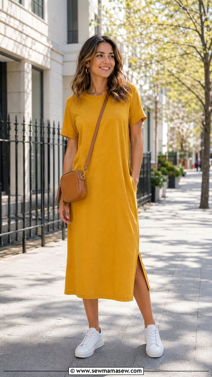 Mustard Dress With White Sneakers Outfit - 35 Mustard outfit ideas