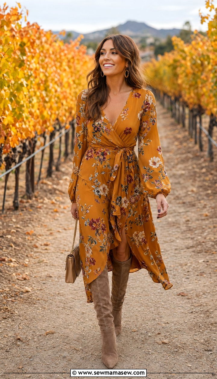 Mustard Floral Midi Dress with Suede Knee High Boots - 35 Outdoor wedding guest outfit ideas