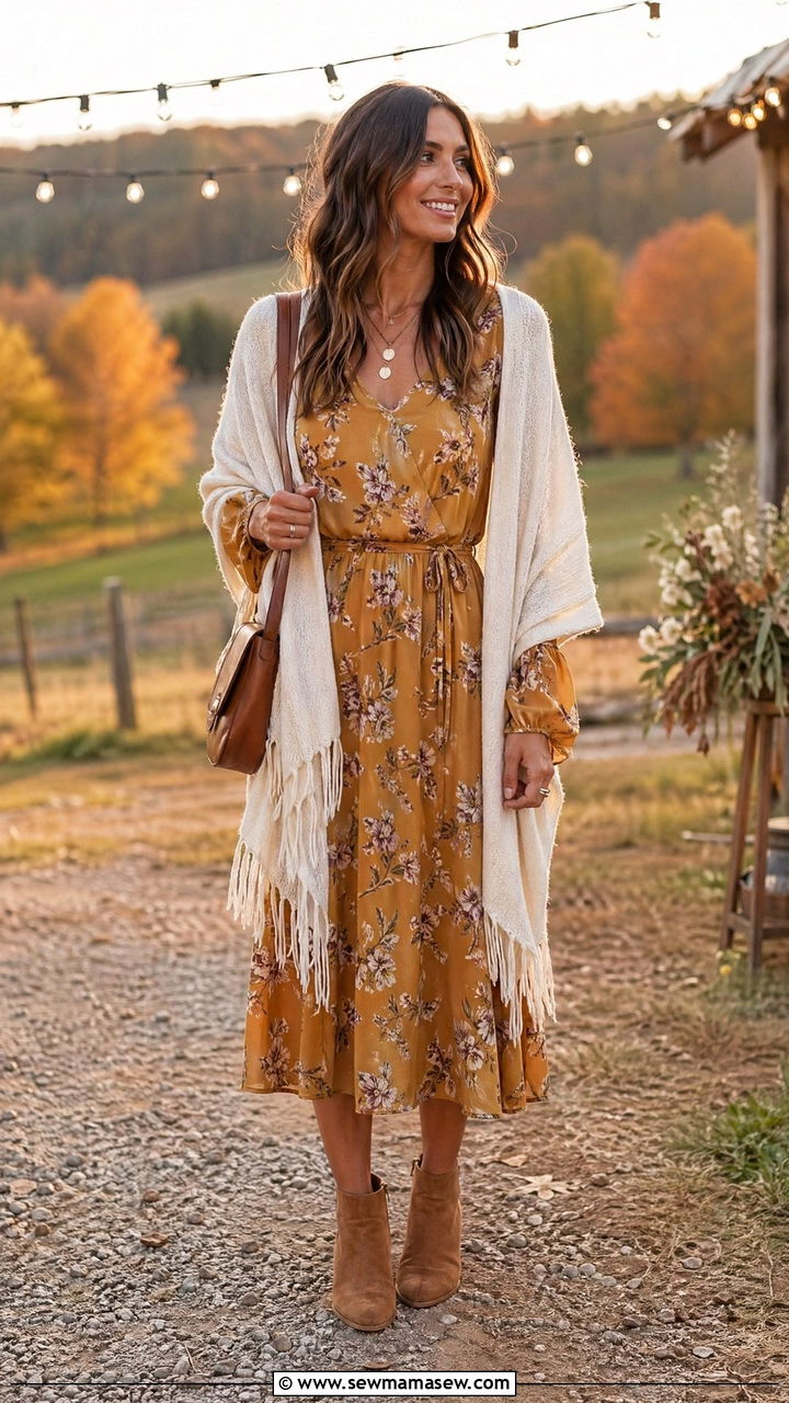 Mustard Floral Midi with Fringed Shawl and Boots - 35 Countryside wedding guest outfit ideas