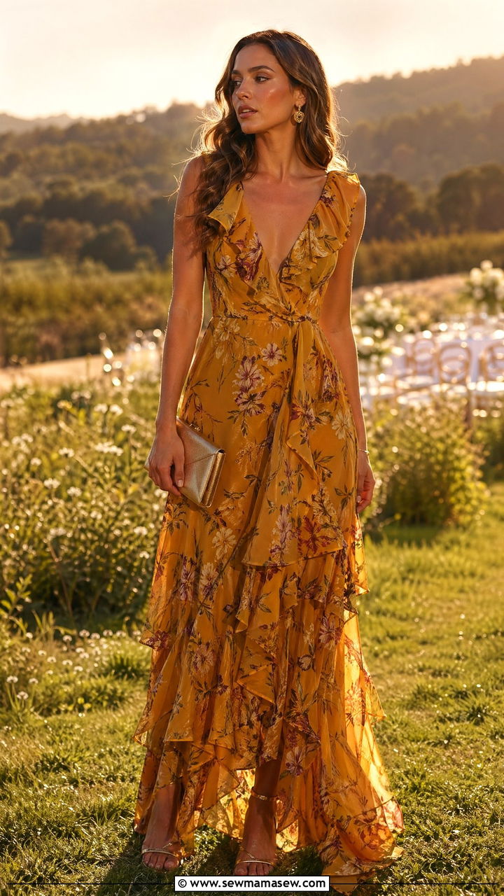 Mustard Floral Ruffle Maxi Dress with Gold Clutch - 35 chic wedding guest outfits for women