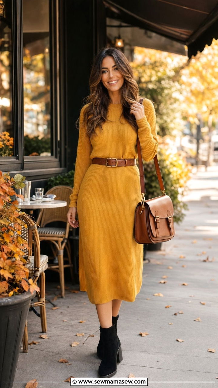 Mustard Midi Dress With Ankle Boots Outfit - 35 Mustard outfit ideas