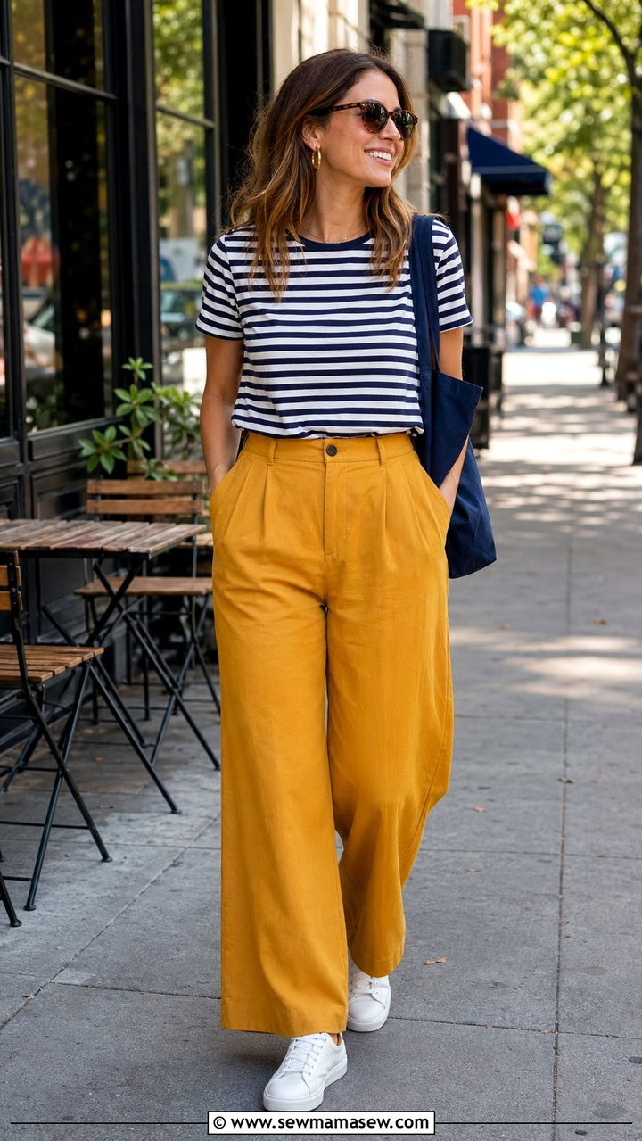 Mustard Pants And Striped Top Outfit - 35 Mustard outfit ideas