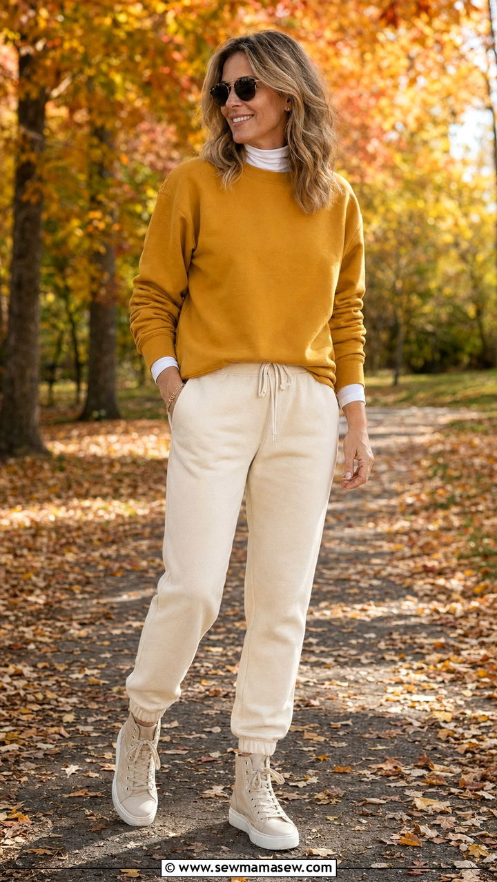 Mustard Pullover With Cream Joggers And High Tops - 30 Athleisure outfit ideas for women over 40