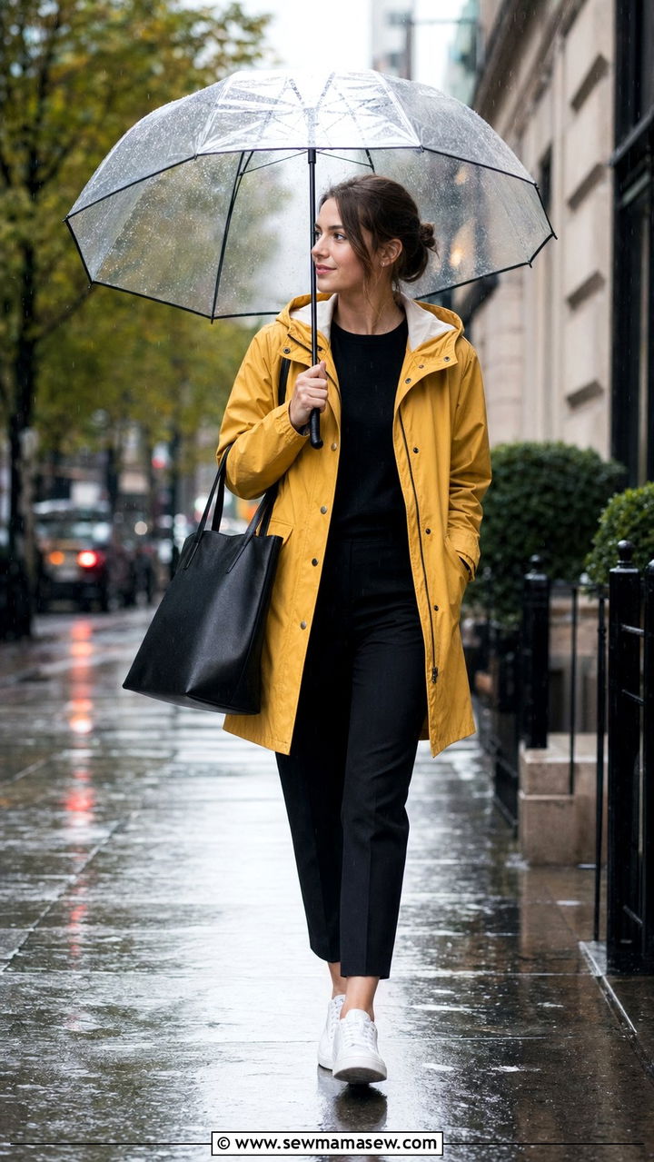 Mustard Raincoat with Black Trousers and White Sneakers - 35 rainy day outfit ideas