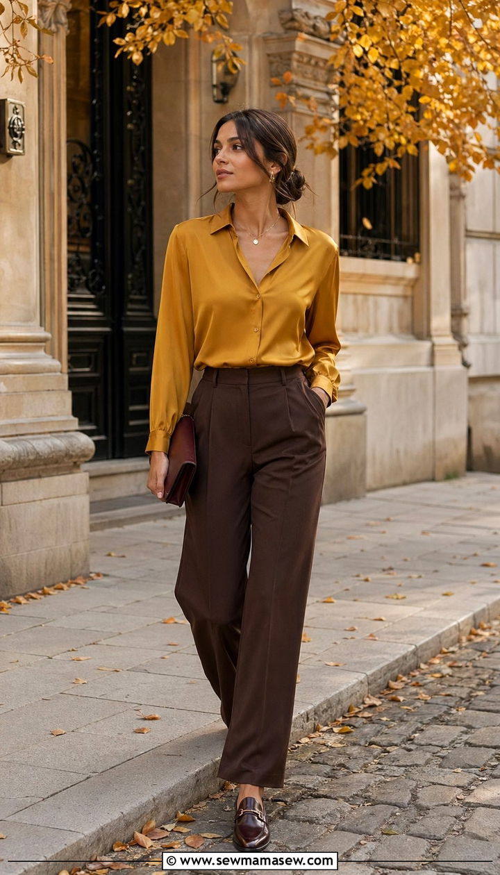 Mustard Shirt and Chocolate Trousers Modest Outfit - 35 modest classy outfits aesthetic