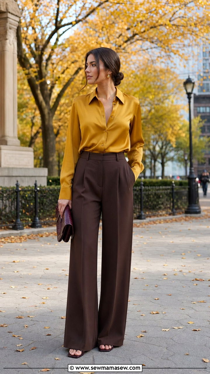 Mustard Shirt and Chocolate Trousers - 35 modest classy outfits