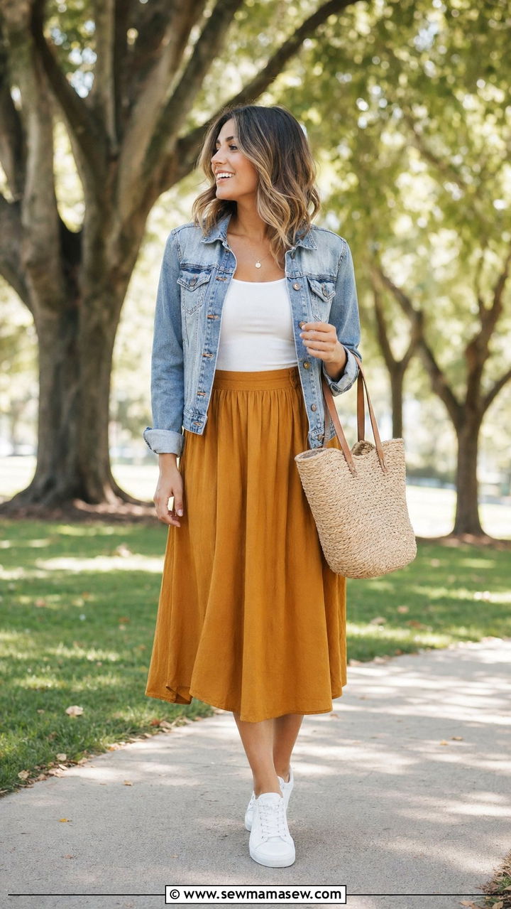 Mustard Skirt And Denim Jacket Outfit - 35 Mustard outfit ideas