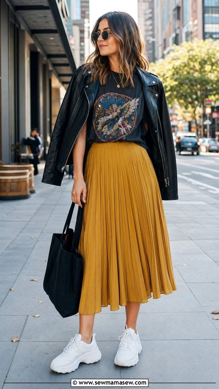 Mustard Skirt And Graphic Tee Outfit - 35 Mustard outfit ideas