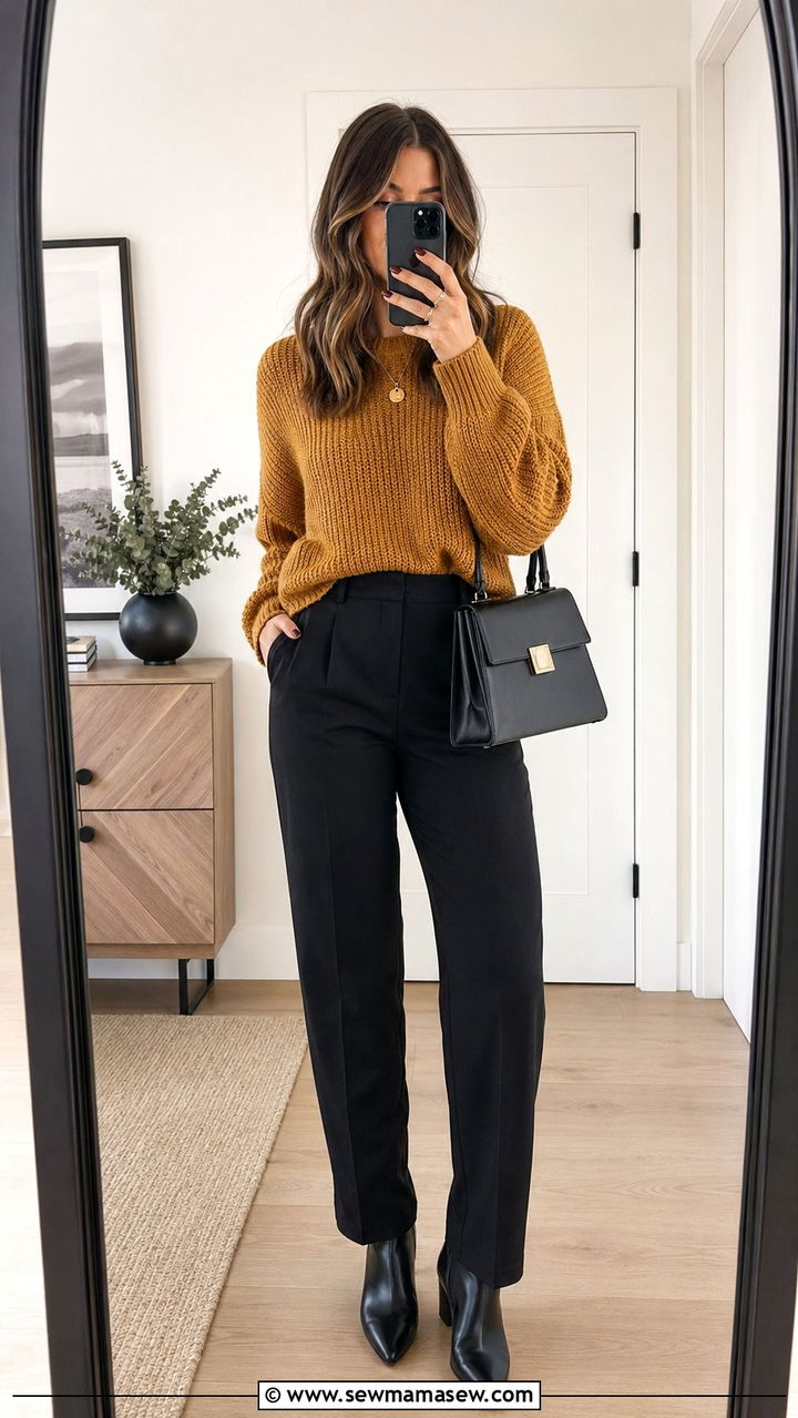 Mustard Sweater With Black Trousers Outfit - 35 Mustard outfit ideas