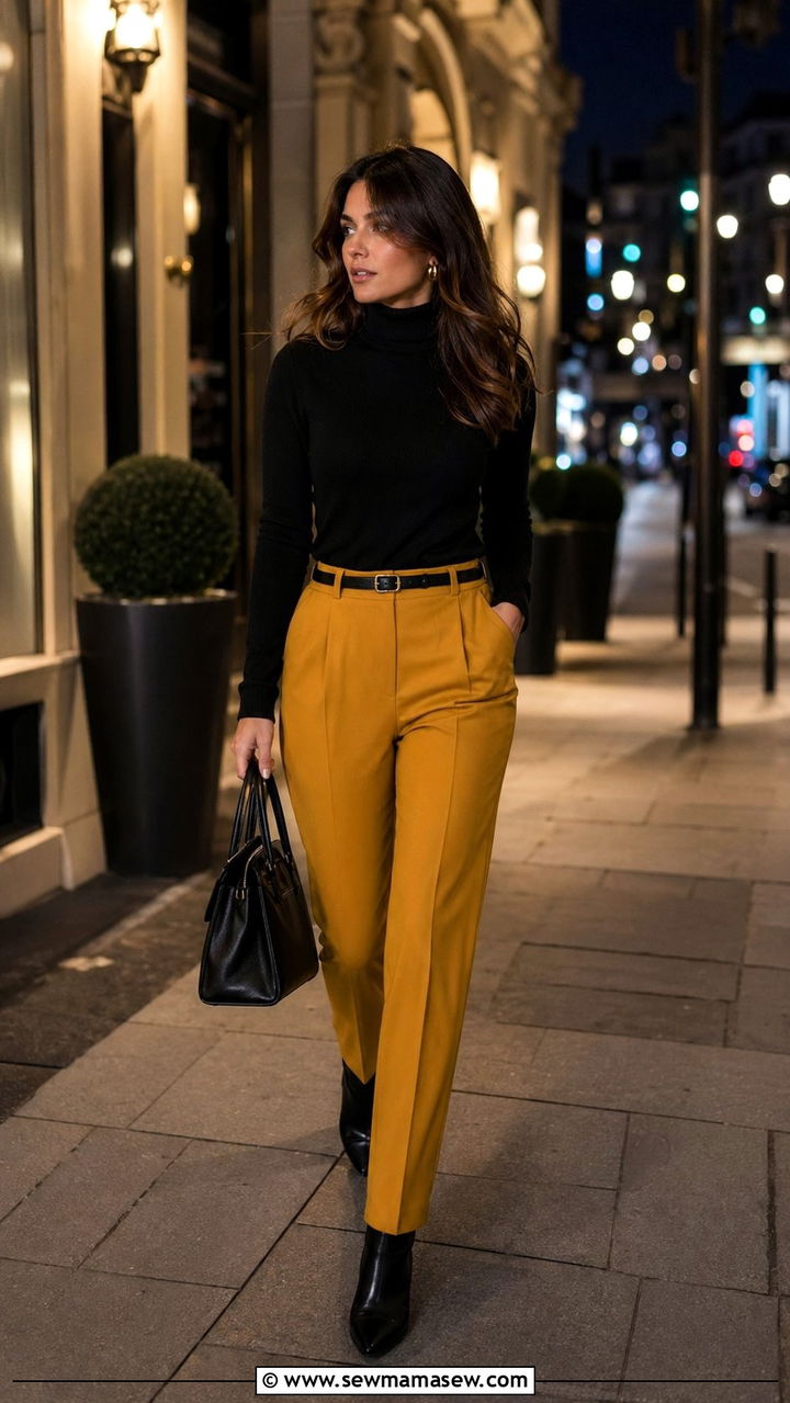 Mustard Trousers And Black Turtleneck Outfit - 35 Mustard outfit ideas