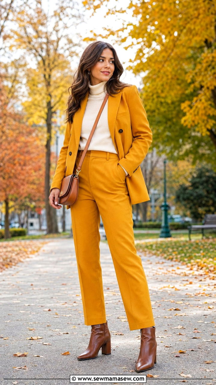 Mustard Yellow Blazer and Pants for Fall - 30 Blazer and pants matching set outfit ideas