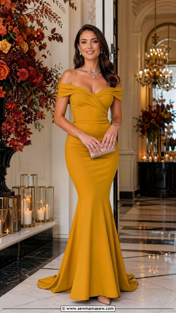Mustard Yellow Mermaid Dress With Diamond Jewelry - 35 Wedding guest outfit ideas 2026