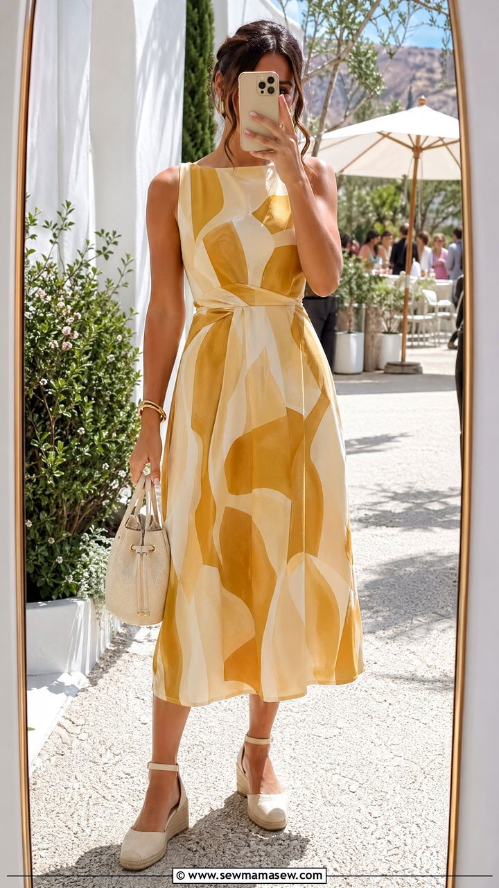 Mustard and Cream Abstract A Line Midi - 35 wedding guest outfits