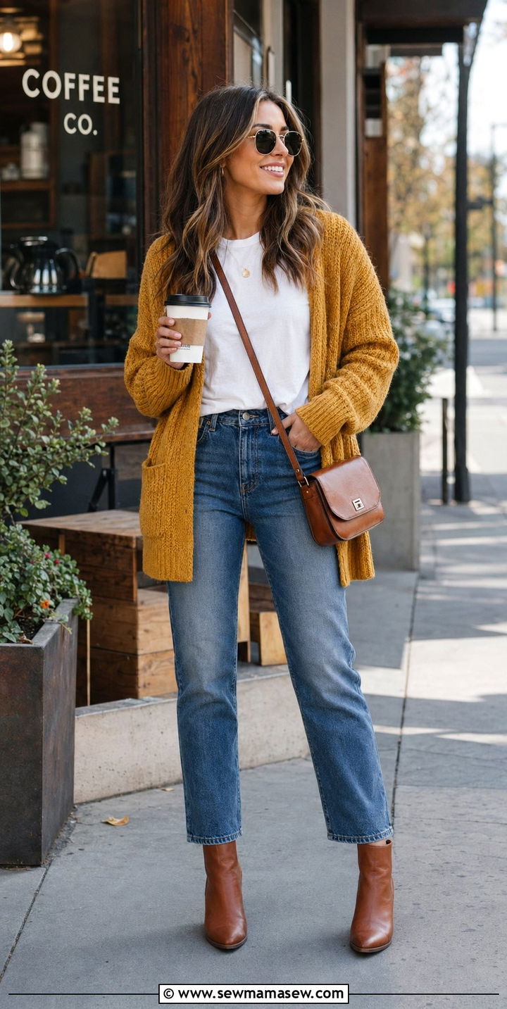 Mustard yellow cardigan with blue jeans - 30 Blue and yellow outfit ideas