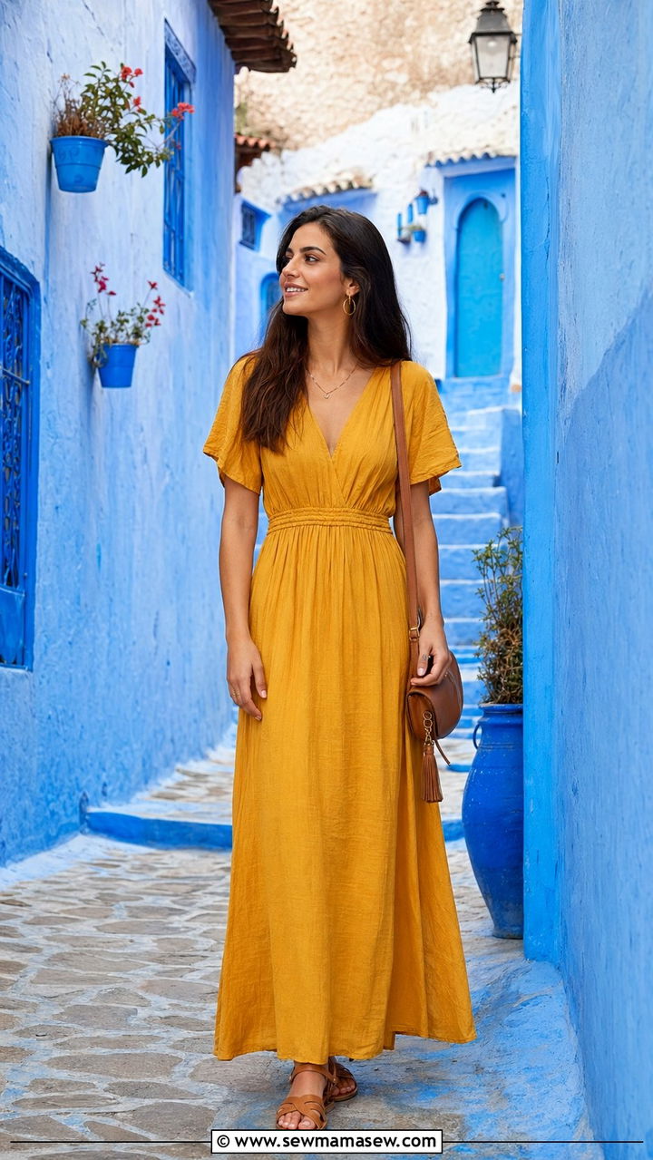 Mustard yellow maxi dress for Chefchaouen - 35 Morocco vacation outfit ideas