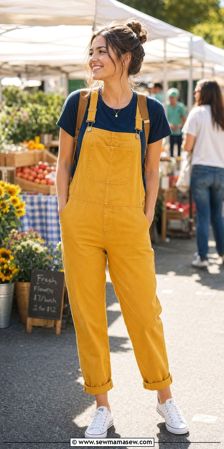 Mustard yellow overalls with blue tee - 30 Blue and yellow outfit ideas