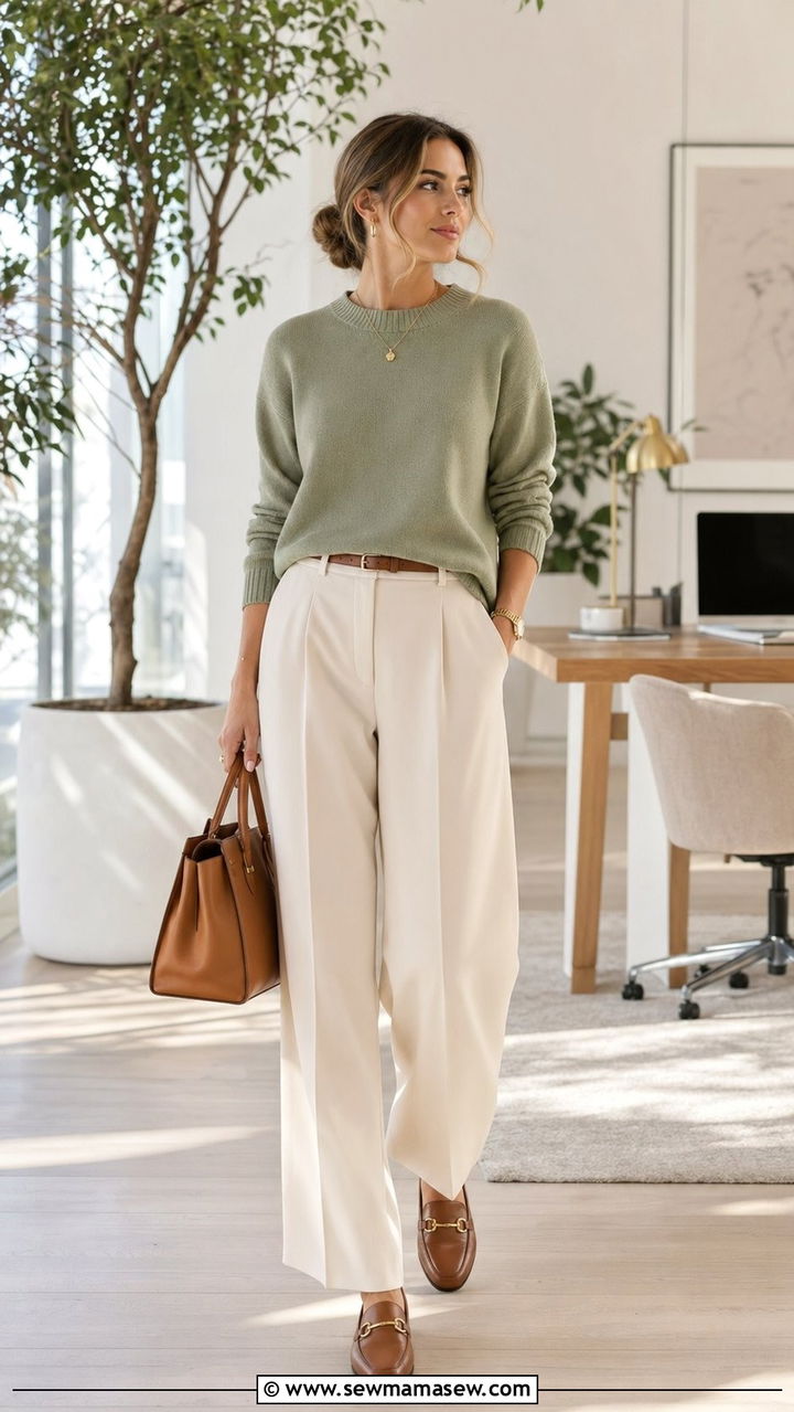 Muted green knit with cream trousers - 35 Quiet luxury outfit ideas for work