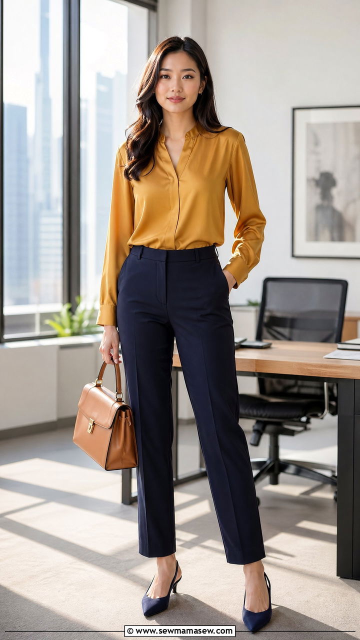Muted mustard silk blouse and navy trousers - 35 what to wear to a job interview